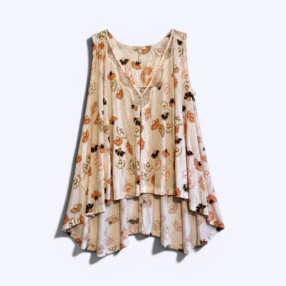 Free People Tank Top Womens Medium White Floral V Neck Lace Tunic Boho Hi Low